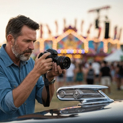 Professional photographer capturing a close-up of a chrome vintage car ornament