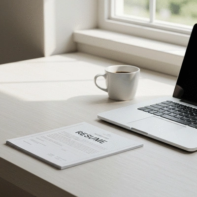 Professional modern resume on a clean wooden desk with a laptop and coffee