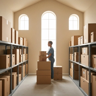 A person organizing boxes in a bright modern storage unit