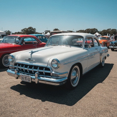 Polished vintage 1950s classic car at an outdoor exhibition