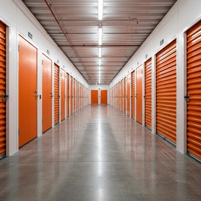 Modern clean storage facility corridor with orange doors