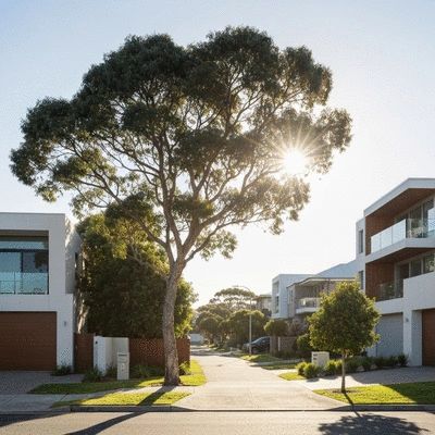 Modern residential street in Geelong with coastal trees