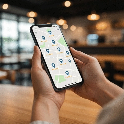 Person using a smartphone to check local business reviews on a map