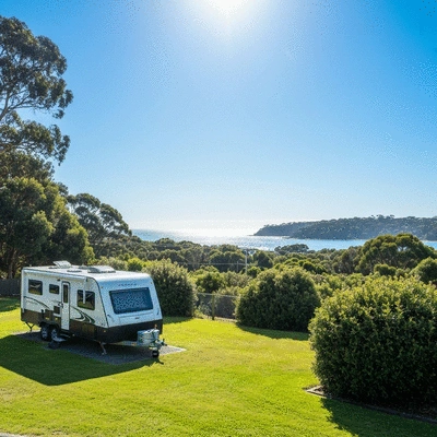 Modern caravan parked at a scenic coastal park near Geelong