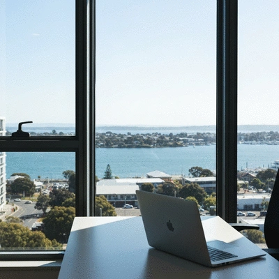 Modern office workspace with a view of Geelong waterfront