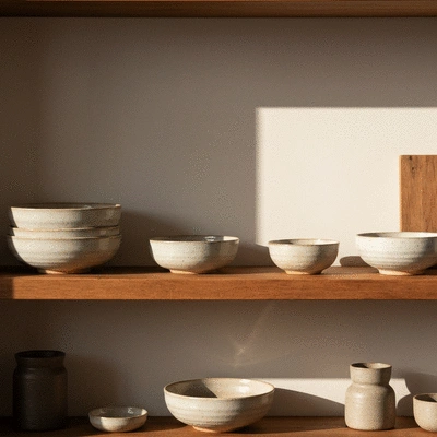 Artisan ceramic bowls and handcrafted home decor on a wooden shelf