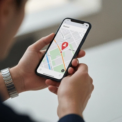 Person using a smartphone to track a food delivery on a map interface