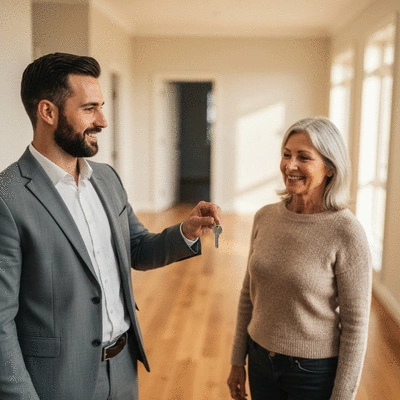 Professional real estate agent handing over keys to a new tenant in a bright Geelong home