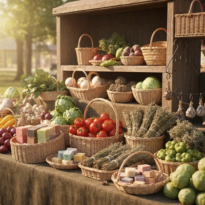 A vibrant local farmers market with fresh produce and handmade crafts