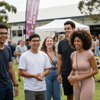 Happy people gathering at a sunny outdoor community market in Geelong