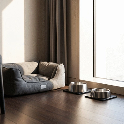 Modern hotel room with a dog bed and water bowl