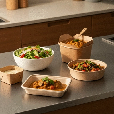 Modern kitchen counter with assorted takeaway food containers and fresh salad