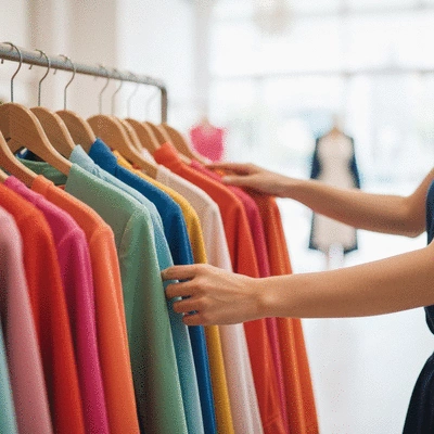 Close-up of a customer browsing through vibrant clothing on a rack in a boutique